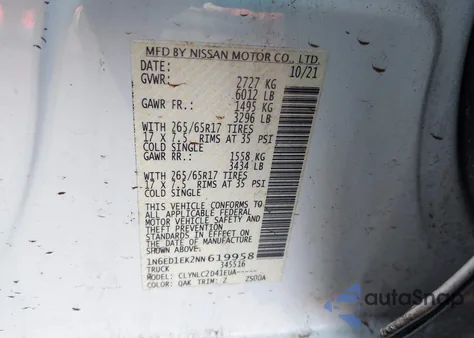 2022 Nissan Frontier Sv 4X4 из США, поврежденный, VIN 1N6ED1EK2NN619958